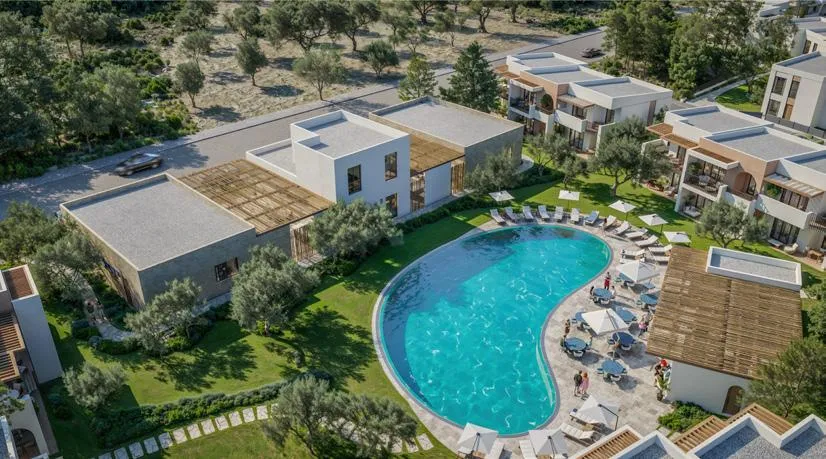Vile pe structură metalică cu piscină — ansamblu rezidențial